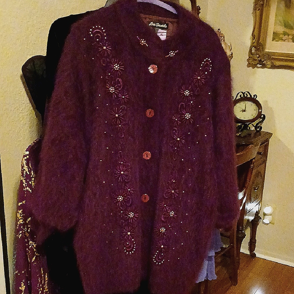 Lee Sands Plum Angora Jacket with Embroidered Flowers and beads!